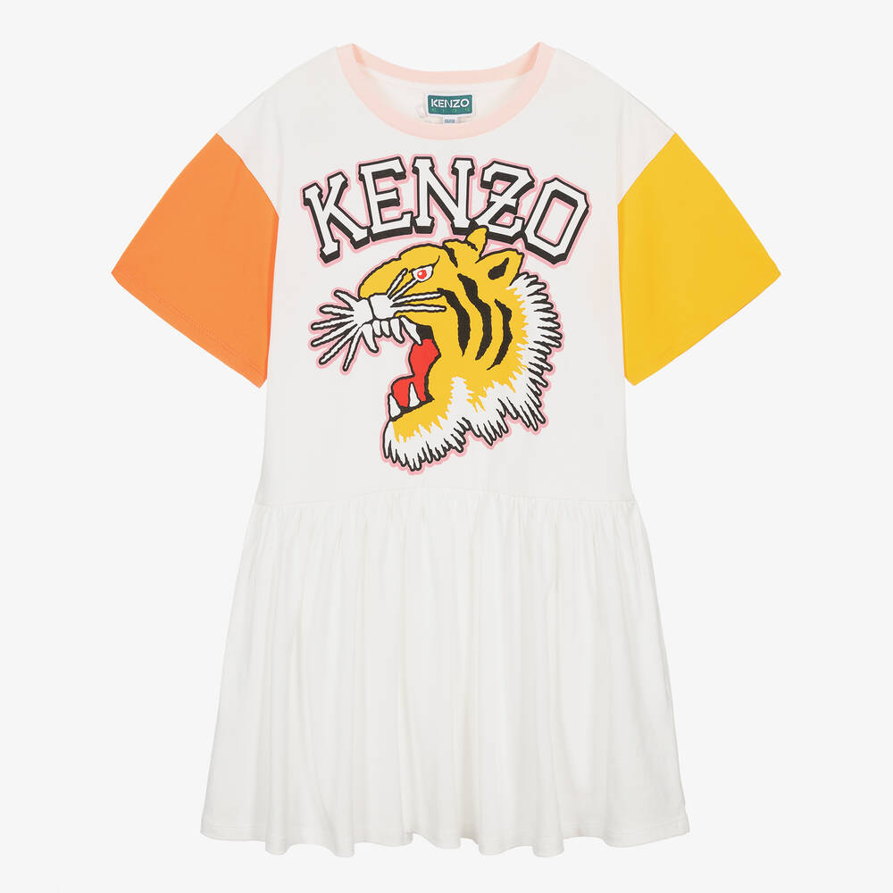 KENZO KIDS - Кремовое хлопковое платье с тигром для девочек-подростков | Childrensalon