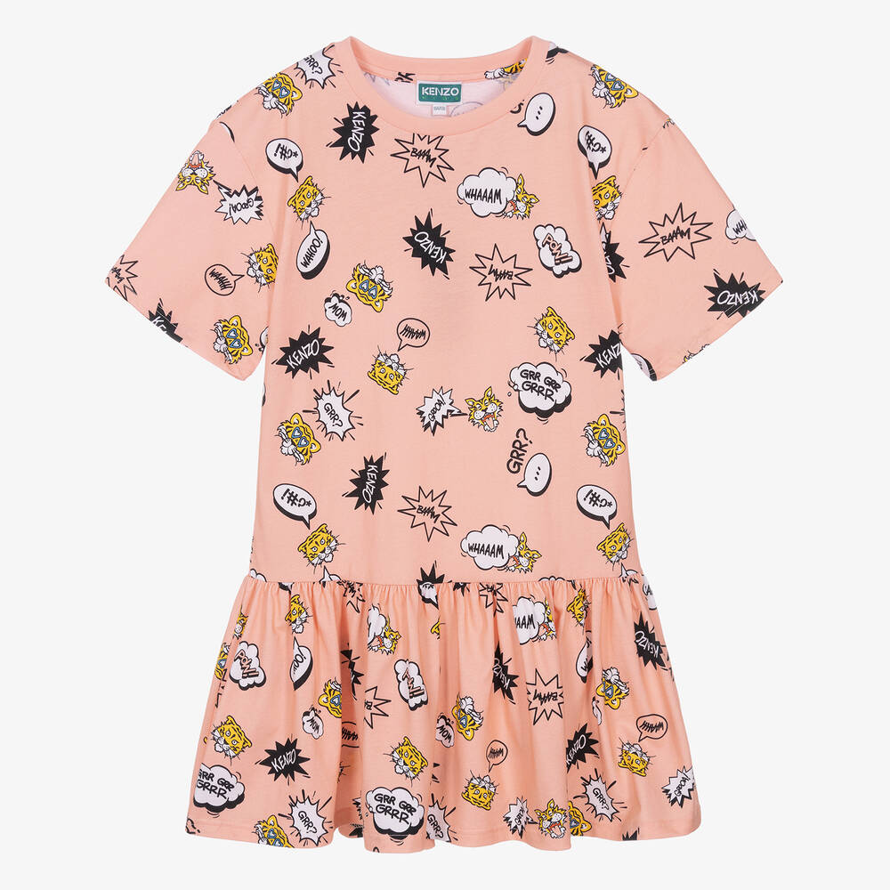 Kenzo Kids Teen Girls Pink Cotton Tiger Graphic Dress