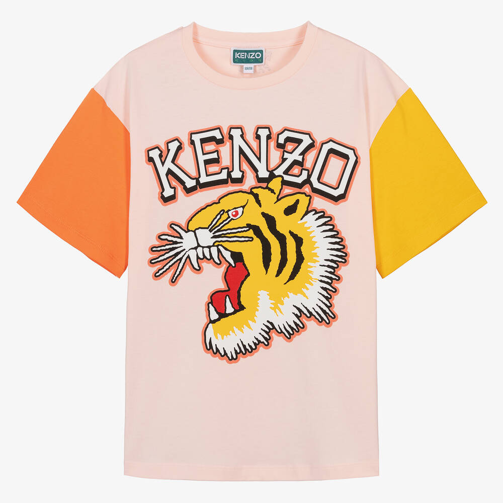 KENZO KIDS - Teen Girls Pink Varsity Tiger Colourblock T-Shirt | Childrensalon