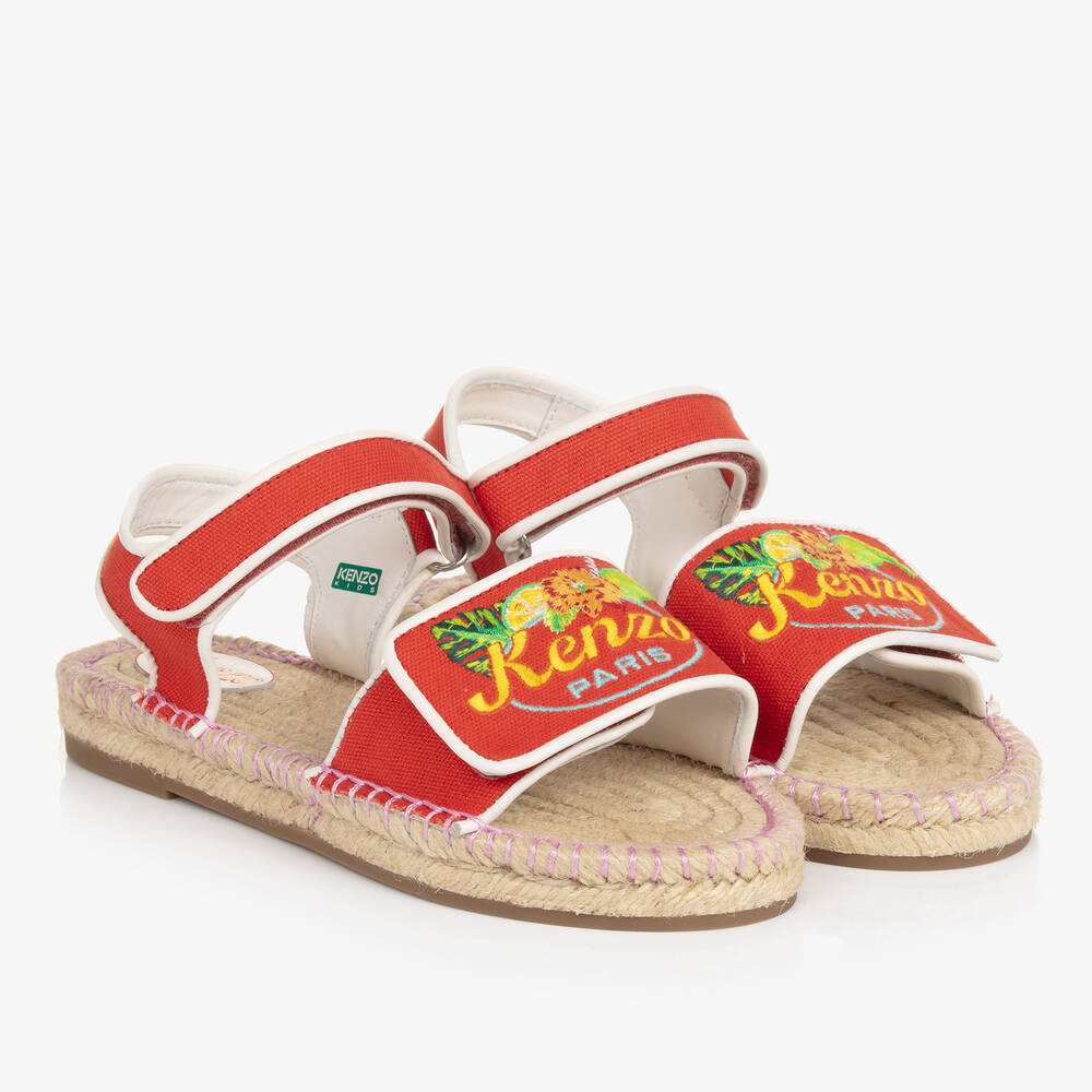 Shop Kenzo Kids Teen Girls Red Embroidered Canvas Sandals