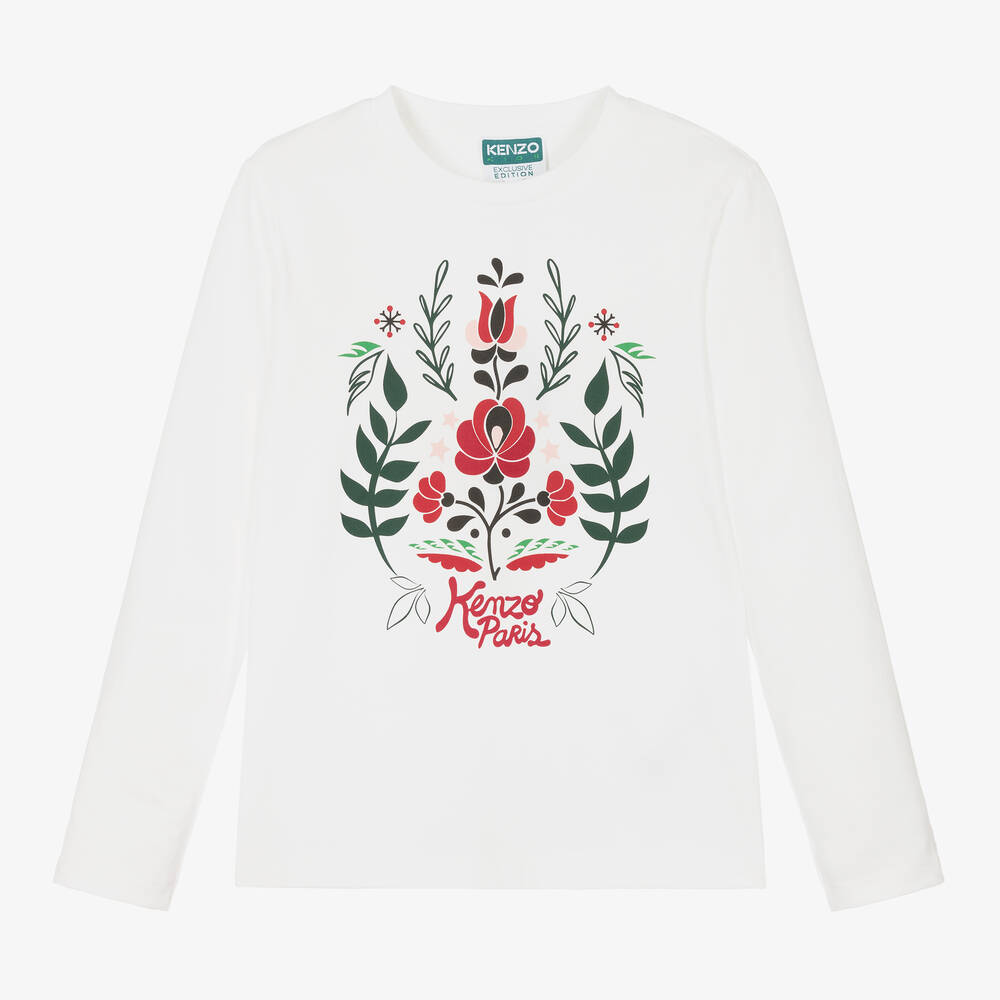 Kenzo Kids Teen Girls White Cotton Festive Floral Top In Ivory