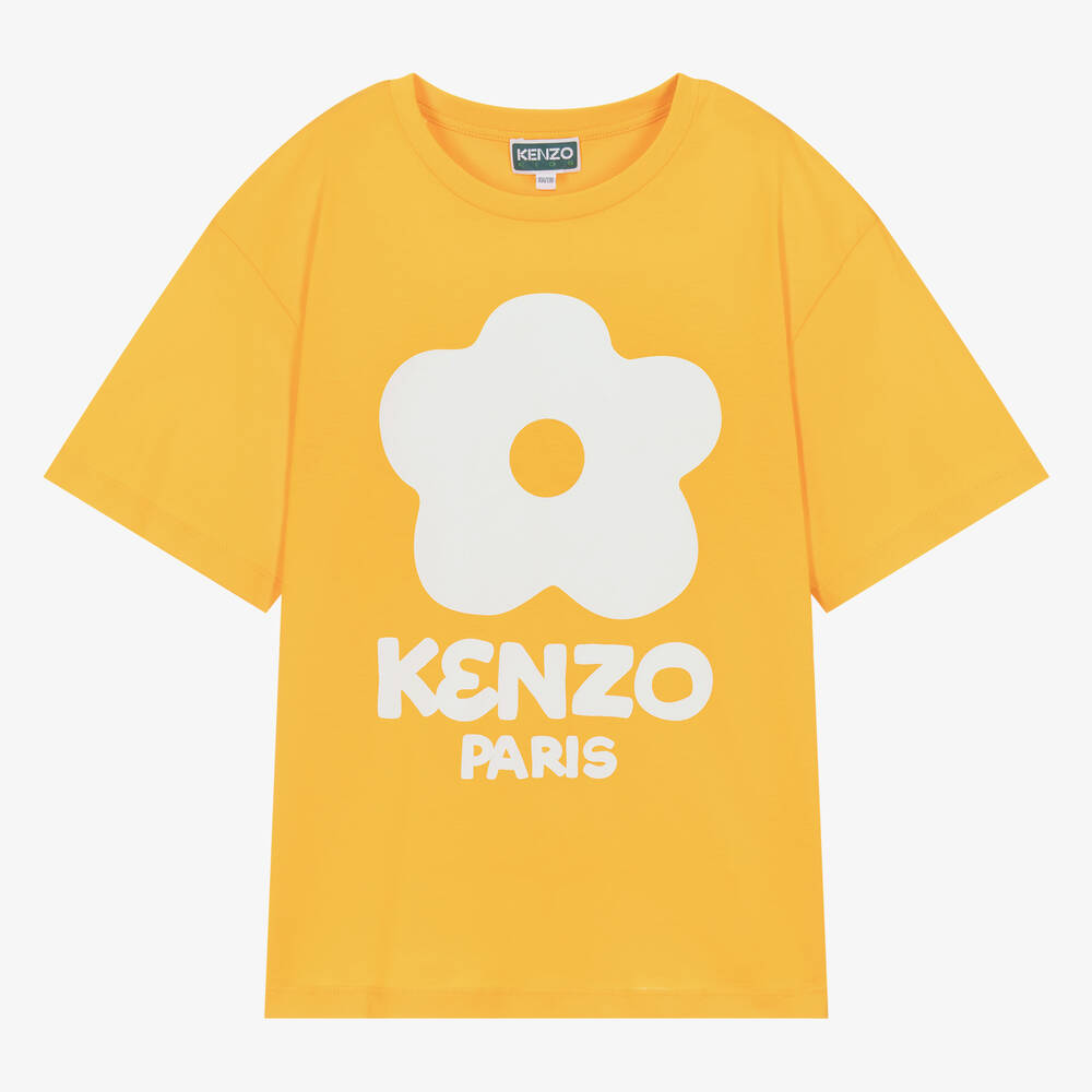 Shop Kenzo Kids Teen Girls Yellow Cotton Flower T-shirt