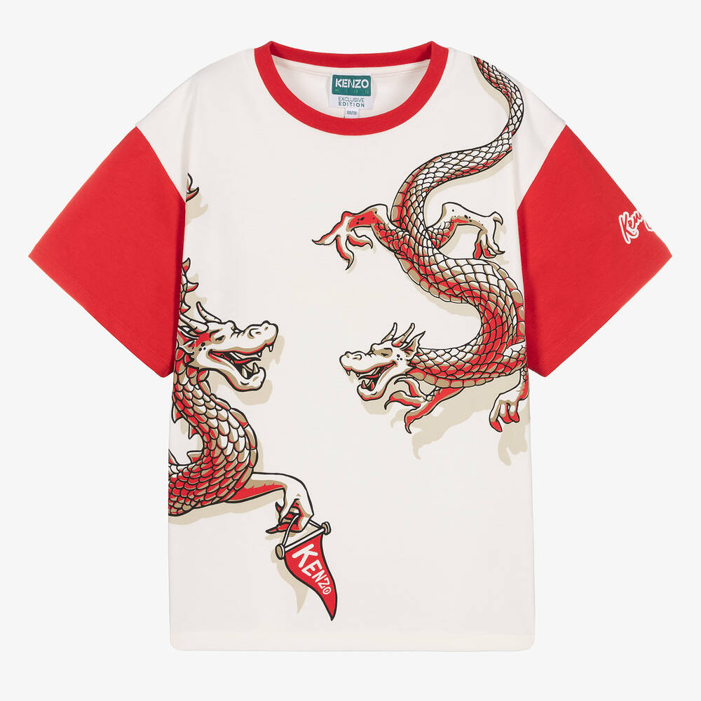 KENZO KIDS - Кремово-красная футболка из хлопка с драконами для подростков | Childrensalon