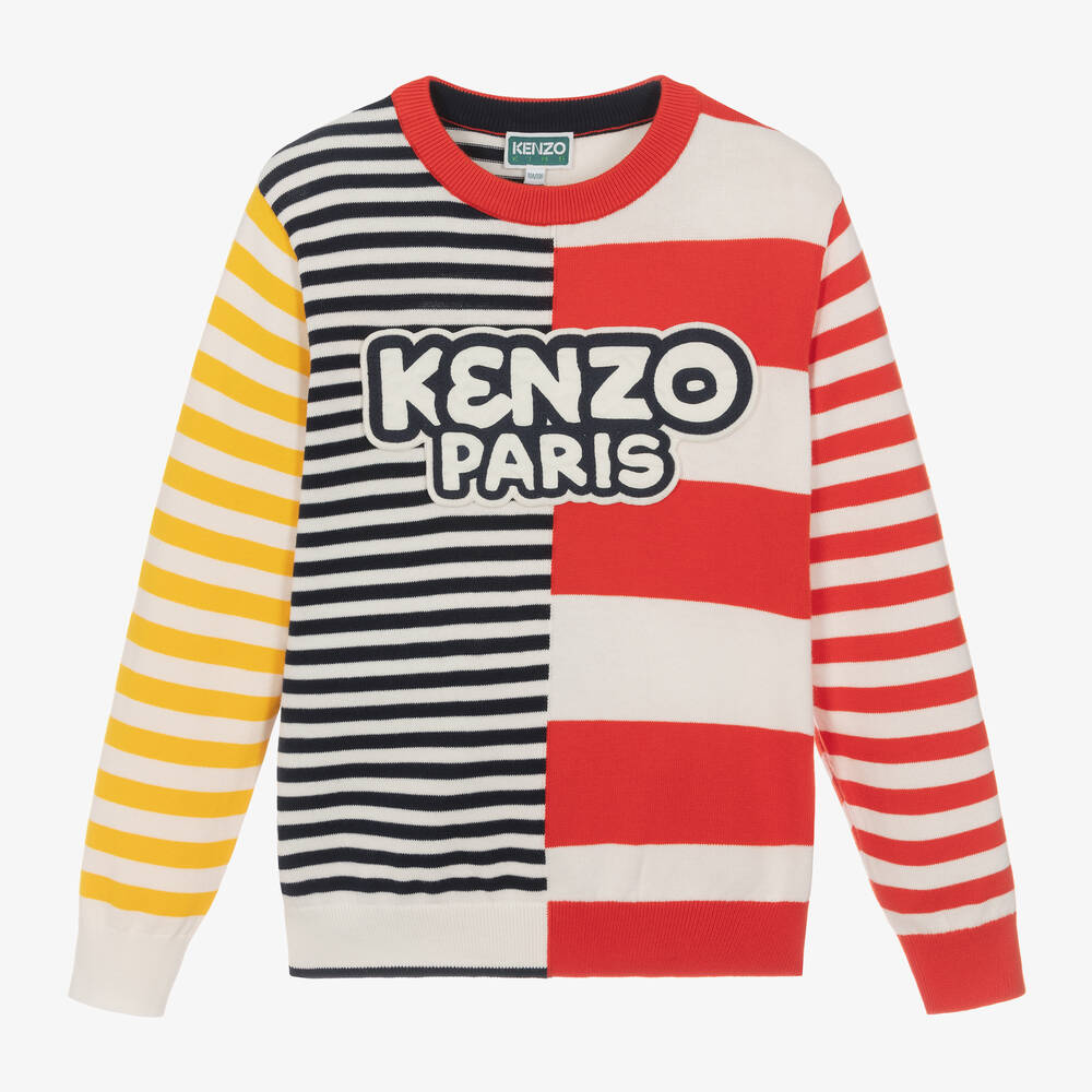 KENZO KIDS - Pull rouge et bleu rayé en coton ado | Childrensalon