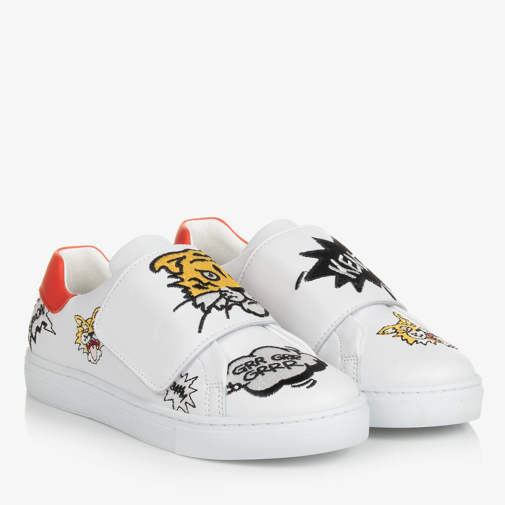 KENZO KIDS - Teen White Leather Tiger Trainers | Childrensalon