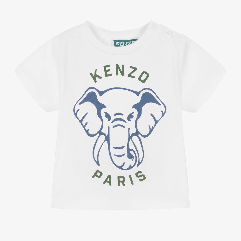 KENZO KIDS -  تيشيرت بطبعة الفيل قطن لون أزرق وأبيض  | Childrensalon