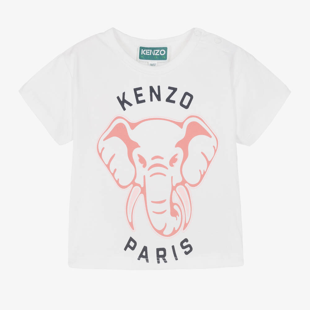 KENZO KIDS - White & Pink Cotton Elephant T-Shirt | Childrensalon