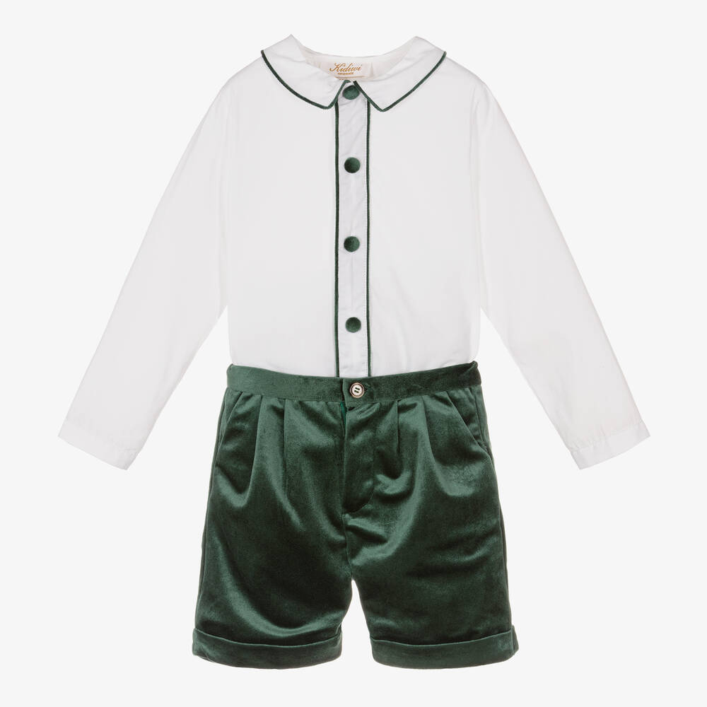 Kidiwi - Boys Green Velvet Shorts Set | Childrensalon