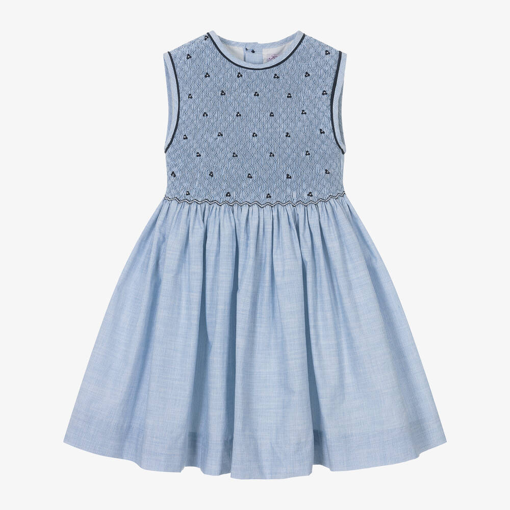 Kidiwi - Girl Blue Cotton Smocked Dress | Childrensalon