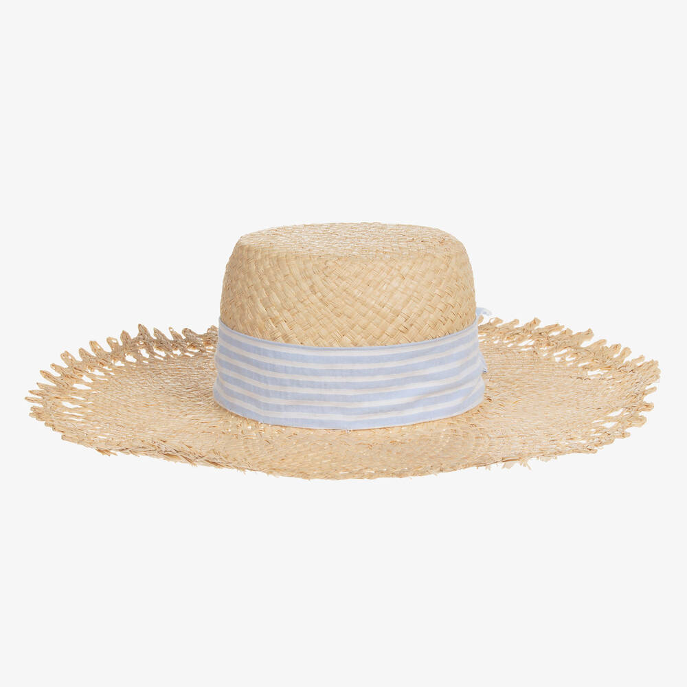Kidiwi - Girls Beige & Blue Stripe Straw Sun Hat | Childrensalon