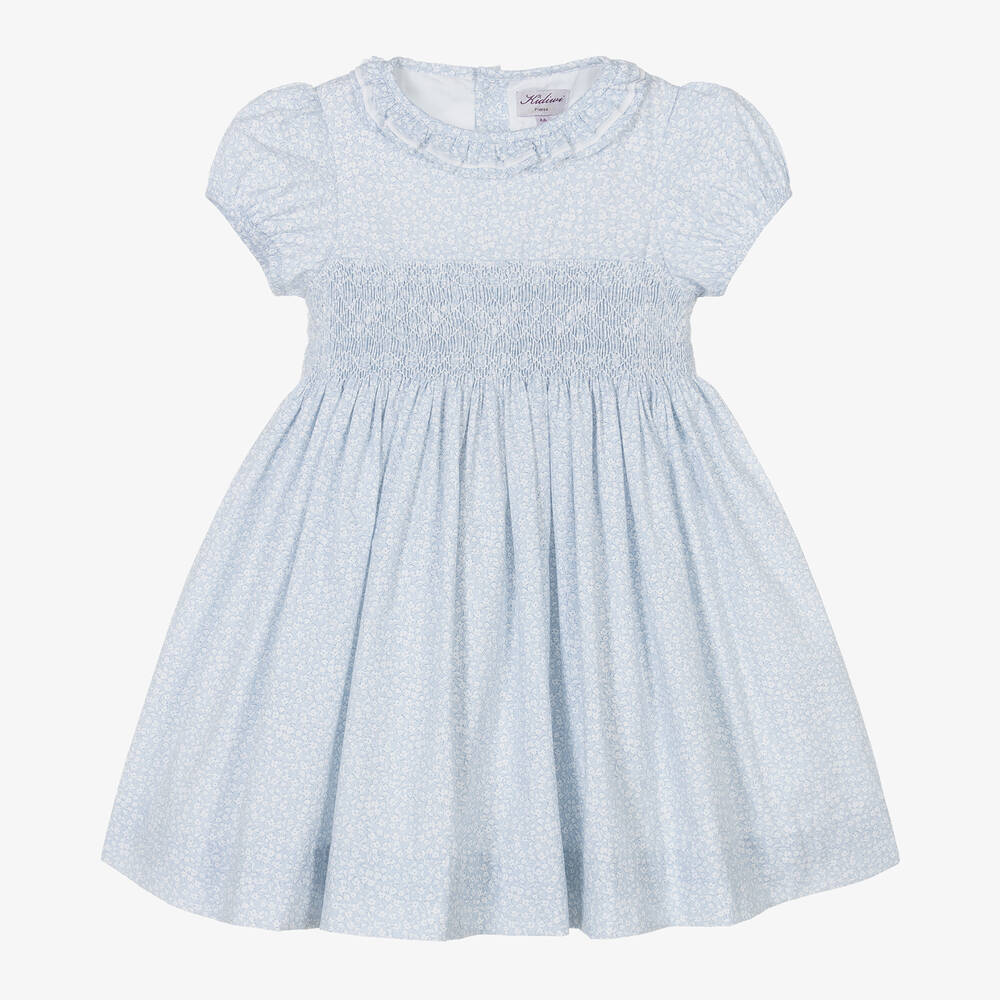 Kidiwi - Girls Blue Cotton Smocked Floral Dress | Childrensalon