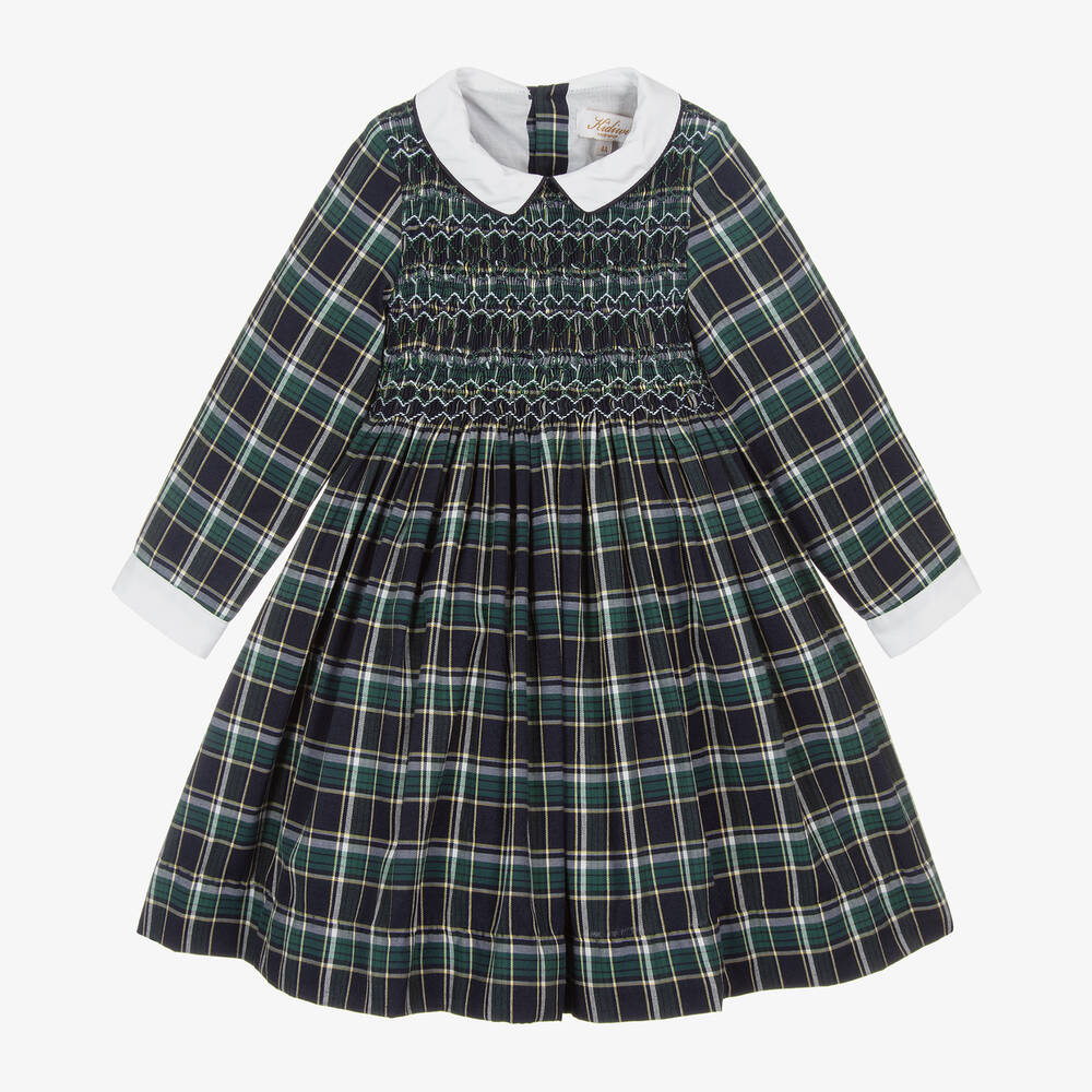 Kidiwi - Girls Blue & Green Tartan Smocked Dress | Childrensalon