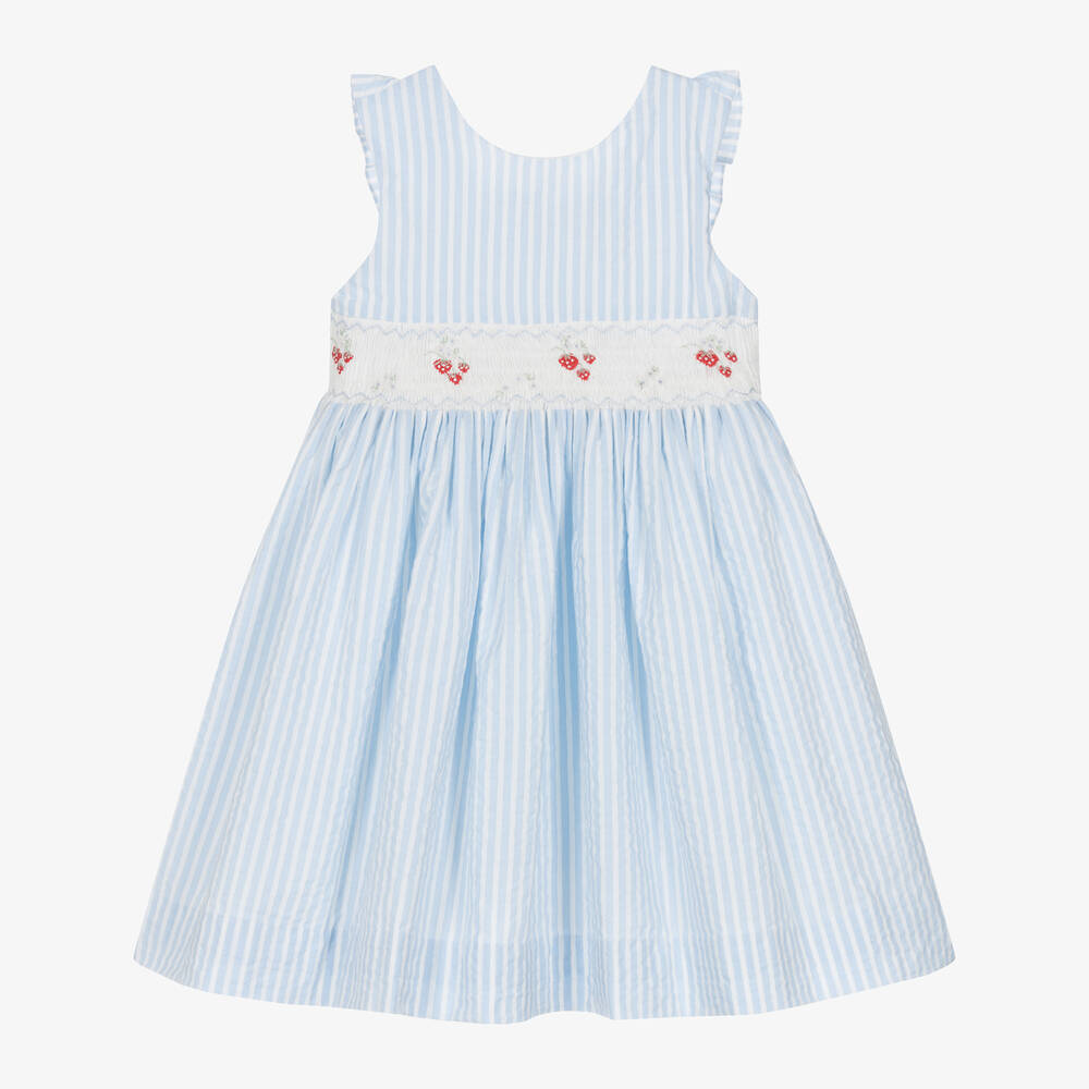 Kidiwi - Girls Blue Striped Cotton Smocked Dress | Childrensalon