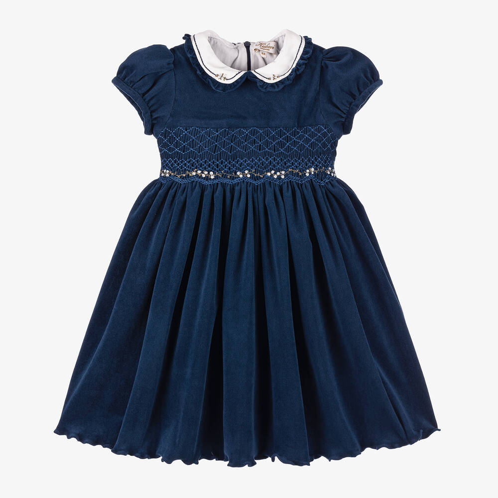 Kidiwi - Girls Blue Velour Hand-Smocked Dress | Childrensalon