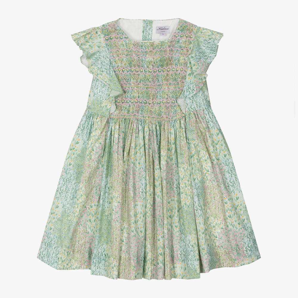 Kidiwi - Girls Green Floral Smocked Dress | Childrensalon