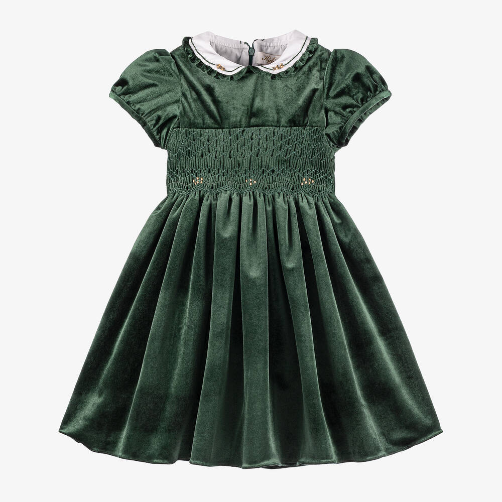 Kidiwi - Girls Green Velvet Hand-Smocked Dress | Childrensalon