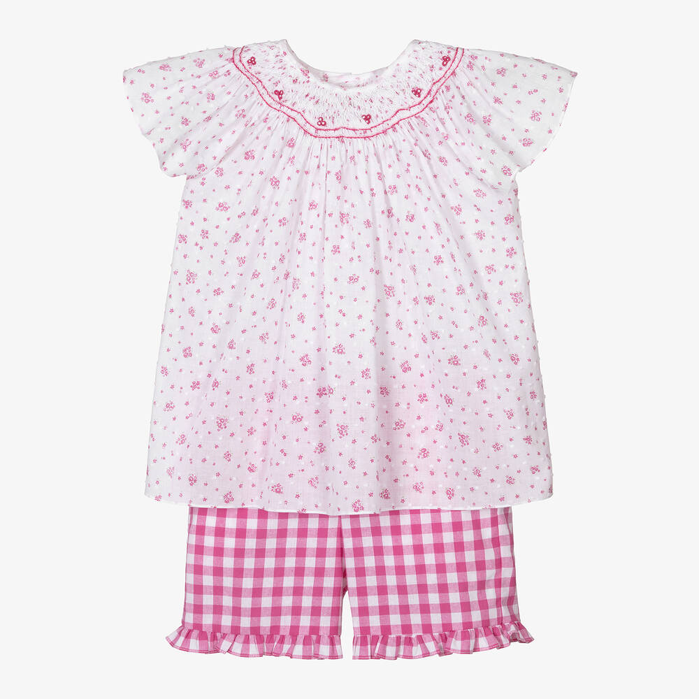 Kidiwi - Girls Pink Cotton Checked Shorts Set | Childrensalon