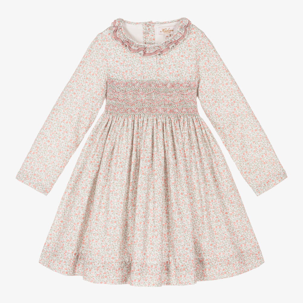 Kidiwi - Girls Pink Hand-Smocked Floral Cotton Dress | Childrensalon