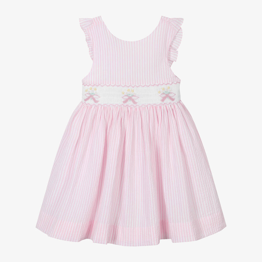 Kidiwi - Girls Pink & White Cotton Smocked Dress | Childrensalon