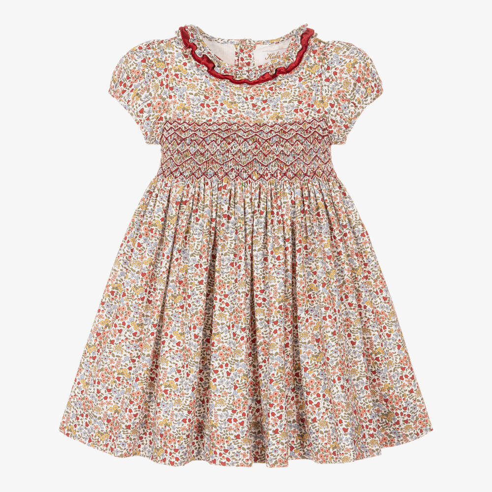 Kidiwi - Girls Red Floral Hand-Smocked Cotton Dress | Childrensalon