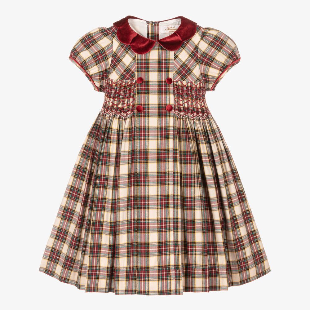 Kidiwi - Girls Red Tartan Hand-Smocked Cotton Dress | Childrensalon