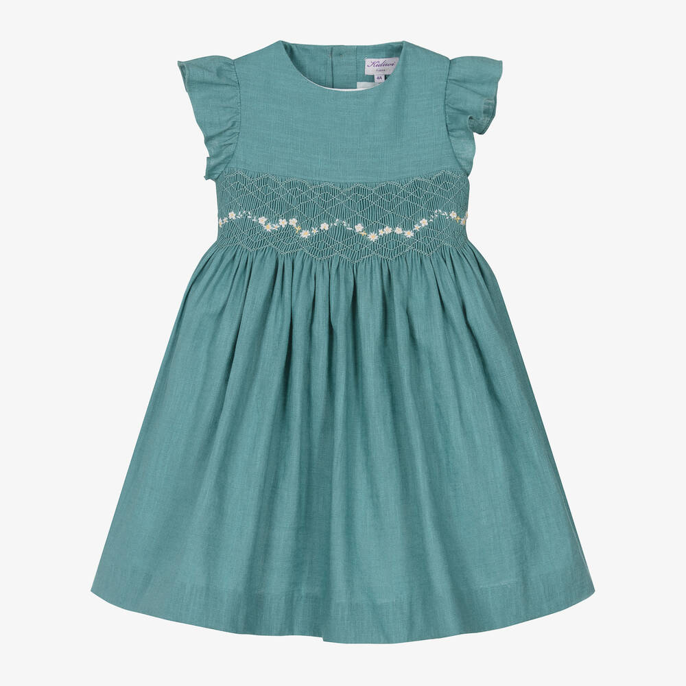 Kidiwi - Girls Teal Blue Smocked Linen Dress | Childrensalon