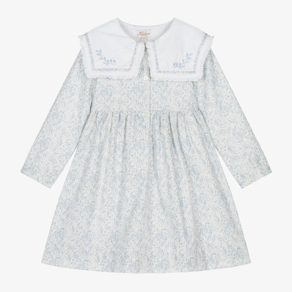 Kidiwi - Girls White & Blue Cotton Floral Dress | Childrensalon