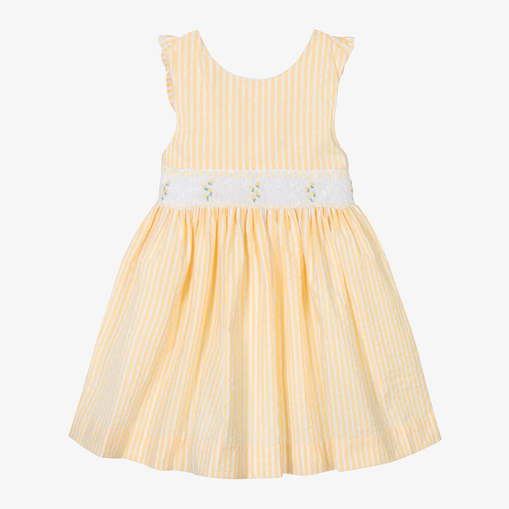 Kidiwi - Girls Yellow & White Cotton Smocked Dress | Childrensalon