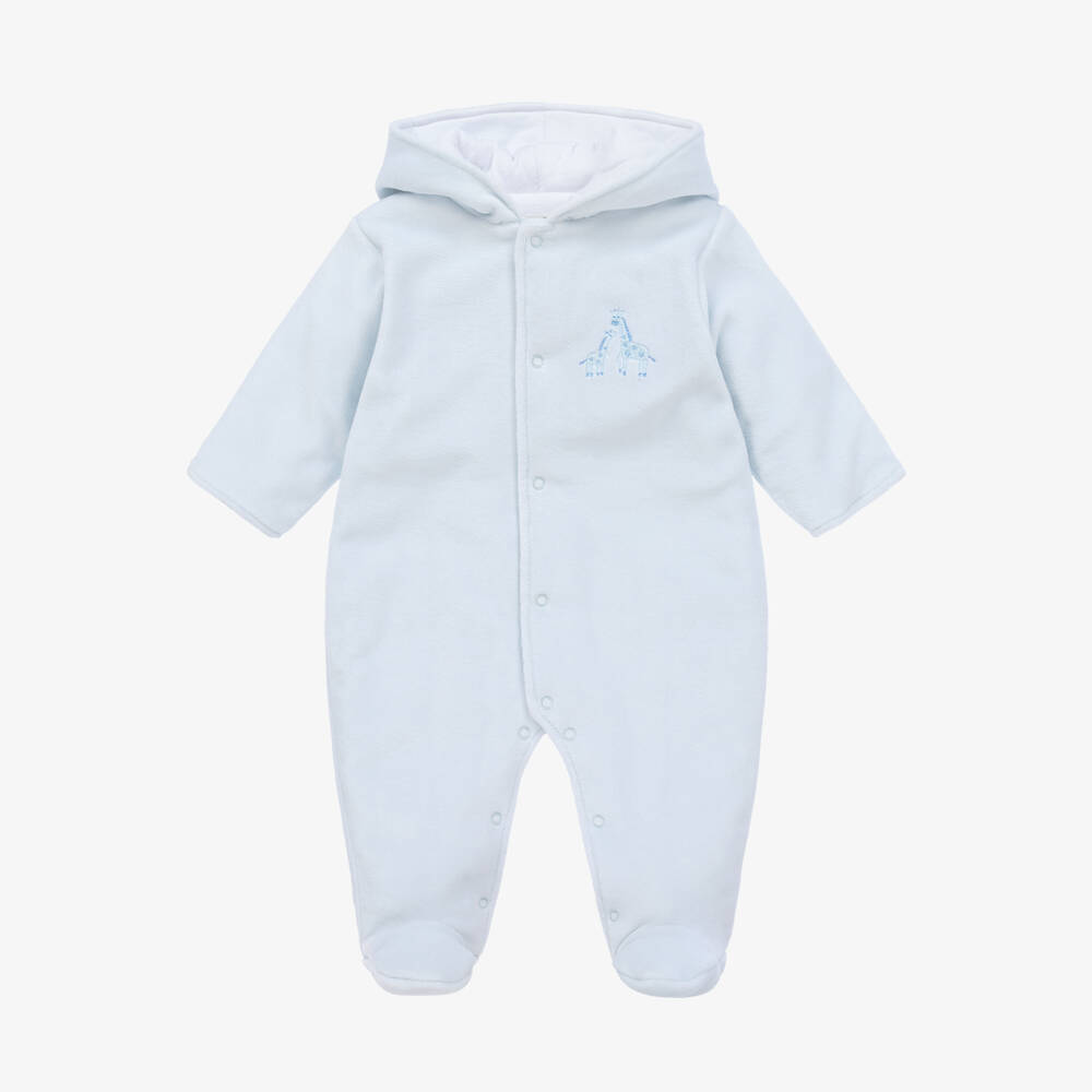 Kissy Kissy - Baby Boys Blue Giraffe Glee Velour Pramsuit | Childrensalon