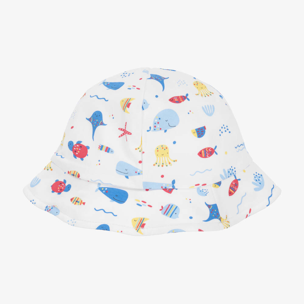 Kissy Kissy - قبعة Sealife Fun قطن لون أزرق وأبيض للمواليد | Childrensalon