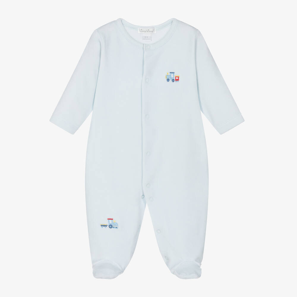 Kissy Kissy - Blue Rambling Railroad Velour Babygrow | Childrensalon