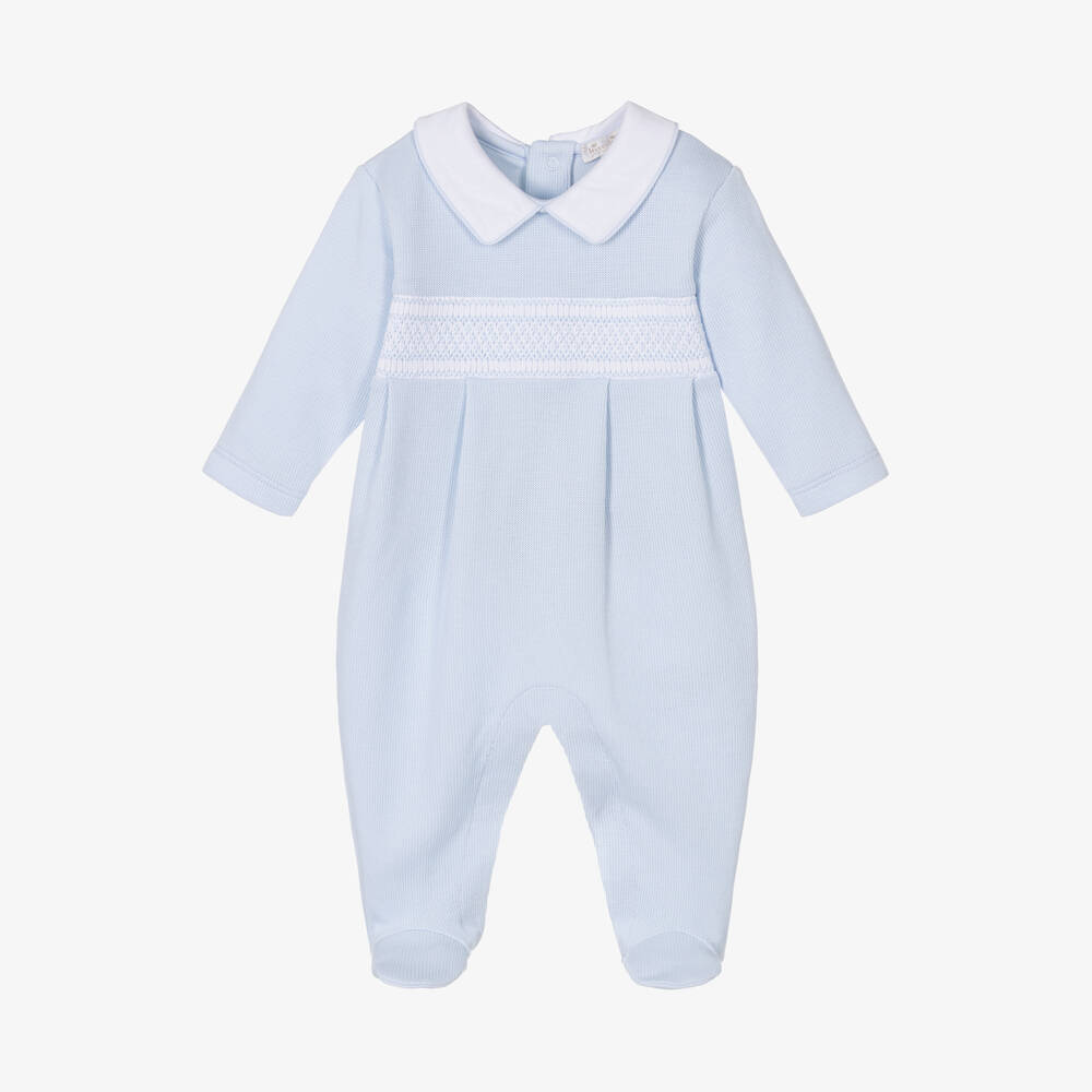 Kissy Kissy - Boys Blue Cotton Smocked Punto Ingles Babygrow  | Childrensalon