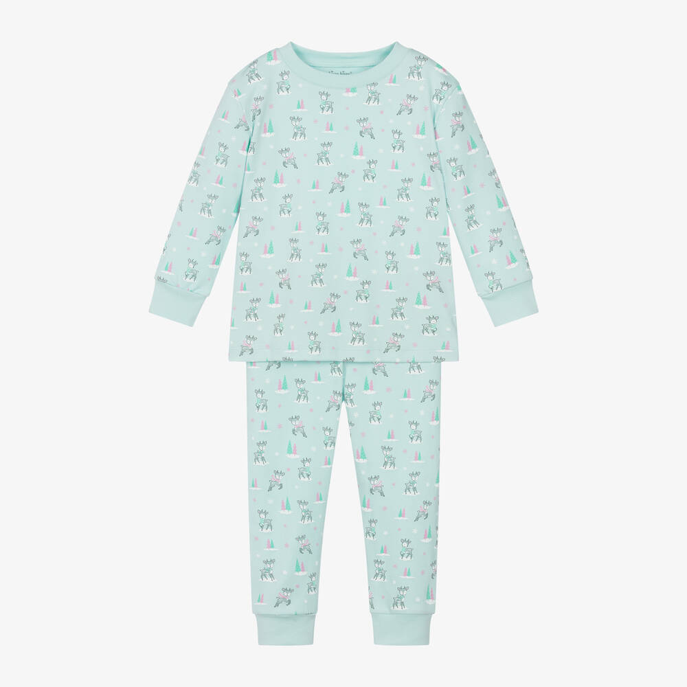 Kissy Kissy - Girls Blue Pima Cotton Reindeer Rally Pyjamas | Childrensalon