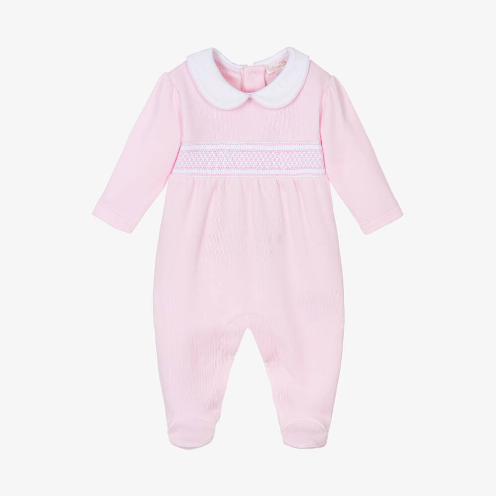 Kissy Kissy - Girls Pink Cotton Smocked Punto Ingles Babygrow  | Childrensalon