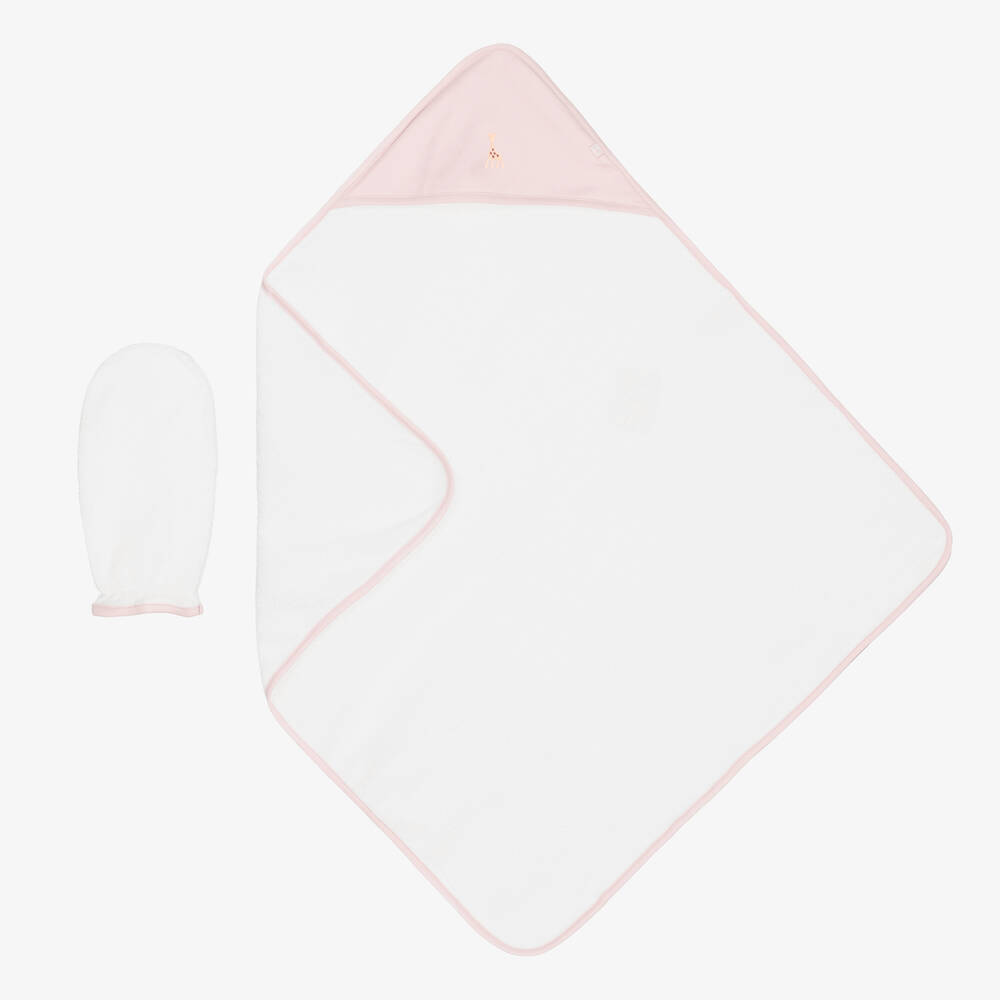 Kissy Kissy - White & Pink Cotton Hooded Towel & Mitt Set | Childrensalon