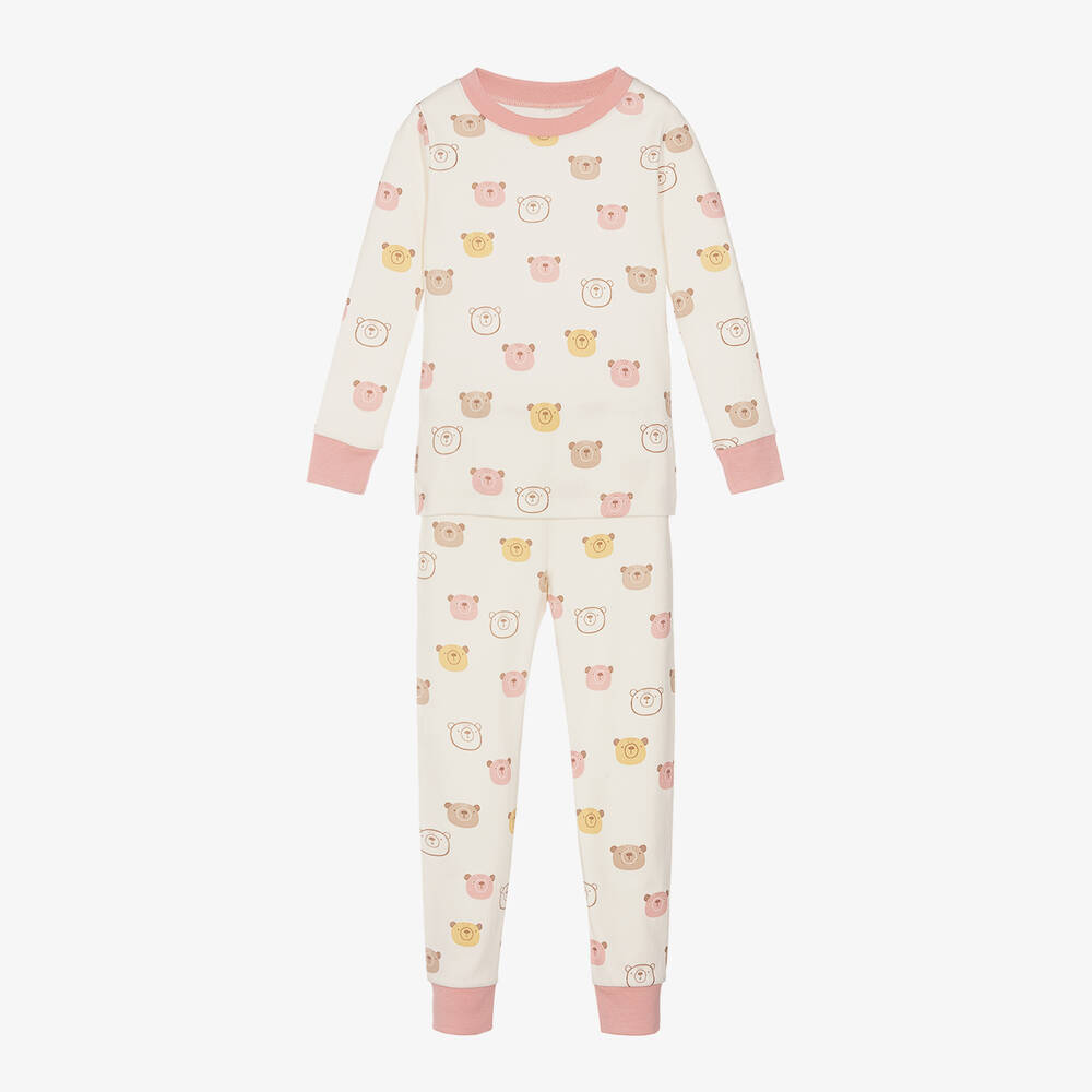 Kissy Love - Girls Ivory & Pink Cotton Bear Talk Pyjamas | Childrensalon
