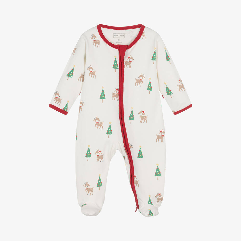 Kissy Love - Ivory Pima Cotton Christmas Deer Cheer Babygrow  | Childrensalon