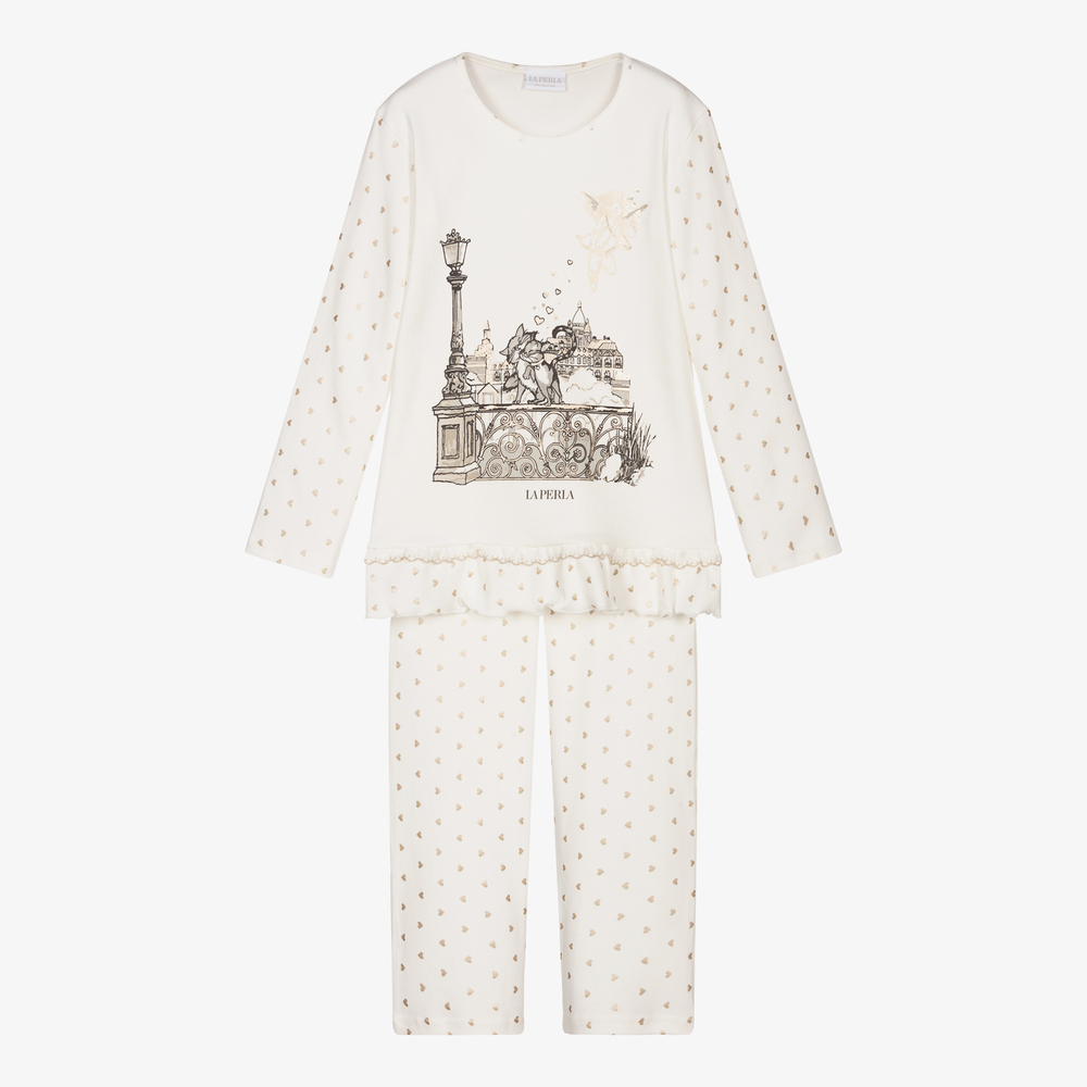 La Perla Babies' Girls Ivory Cotton Hearts Pyjamas In White