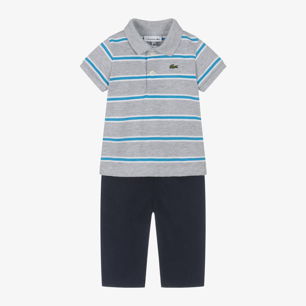 Lacoste - Baby Boys Grey & Blue Cotton Trouser Set | Childrensalon