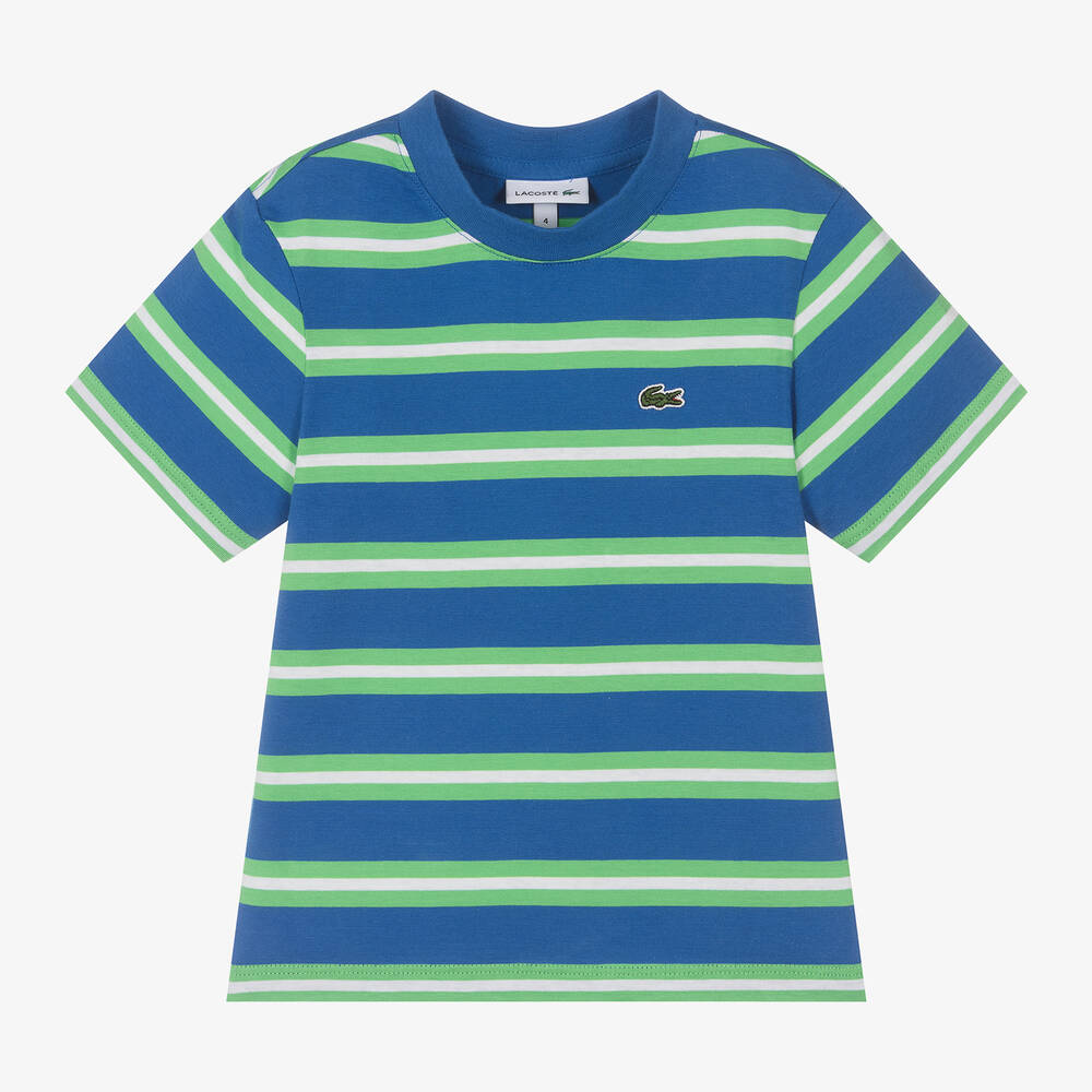 Shop Lacoste Boys Blue Striped Cotton T-shirt