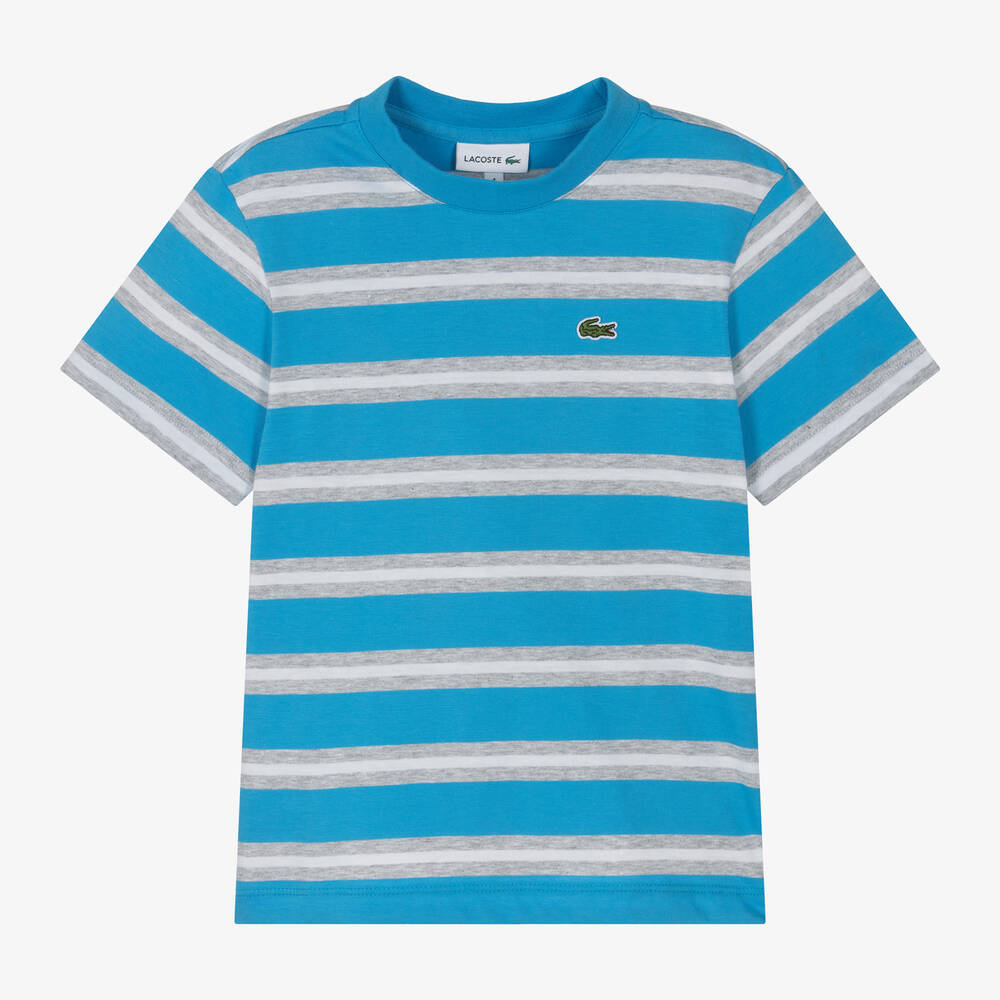 Lacoste - Boys Blue Striped Cotton T-Shirt | Childrensalon