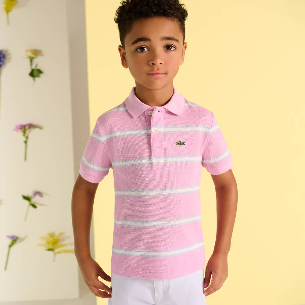 Lacoste-Boys Pink Striped Cotton Polo Shirt | Childrensalon