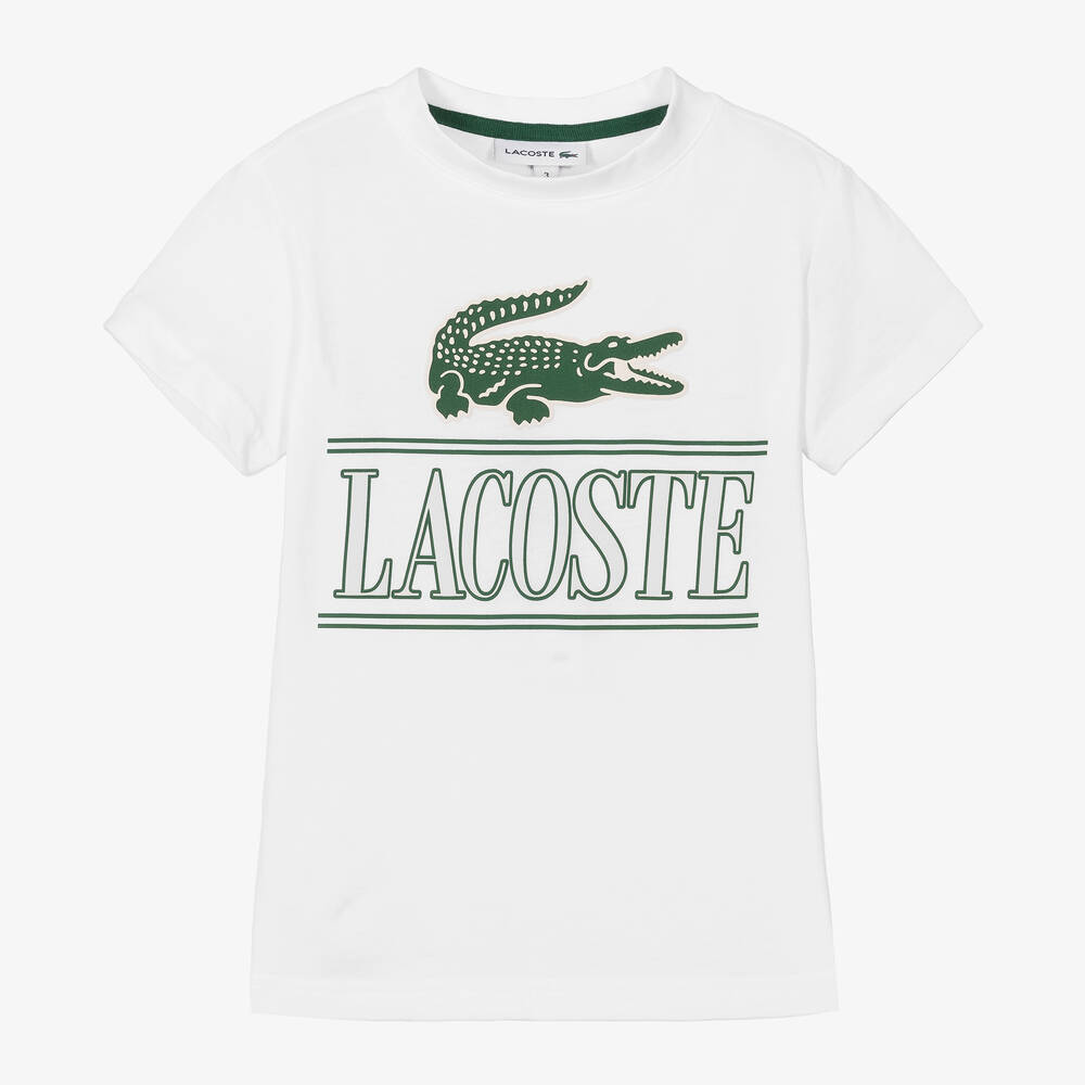 Lacoste - Boys White Cotton Crocodile T-Shirt | Childrensalon
