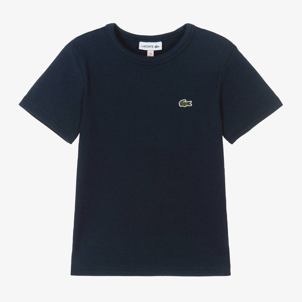 Lacoste - Girls Navy Blue Ribbed Cotton T-Shirt | Childrensalon