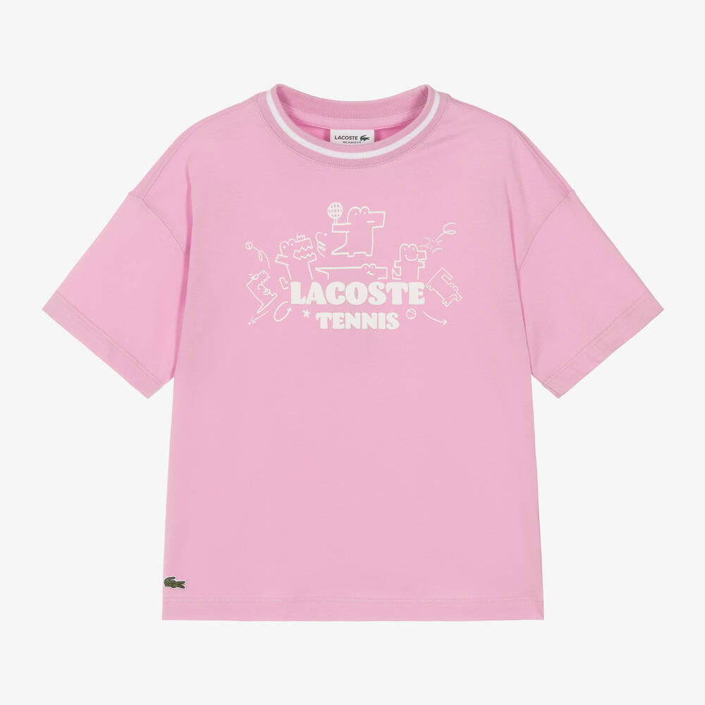 Lacoste - Girls Pink Cotton Tennis Crocodile T-Shirt | Childrensalon