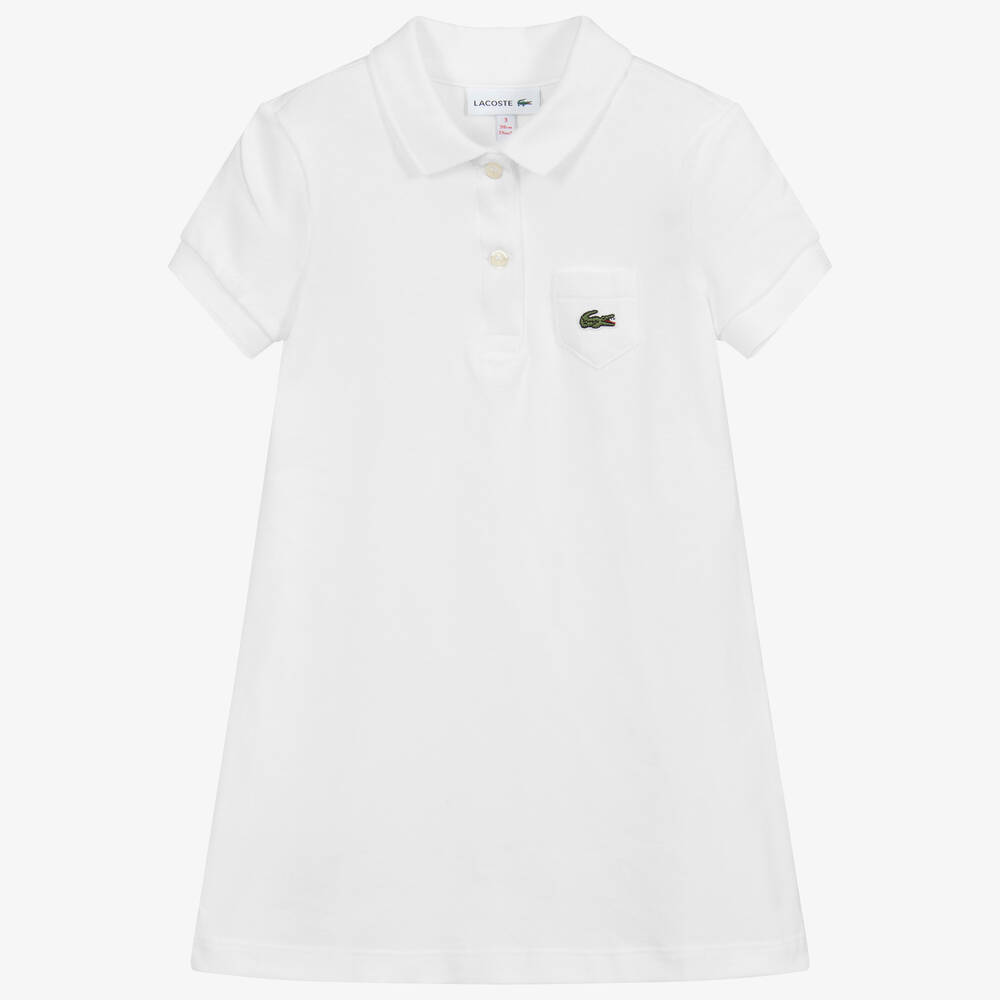 Lacoste - Girls White Cotton Piqué Polo Dress | Childrensalon