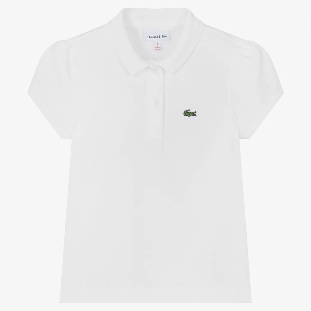 Lacoste - Girls White Cotton Piqué Polo Shirt | Childrensalon