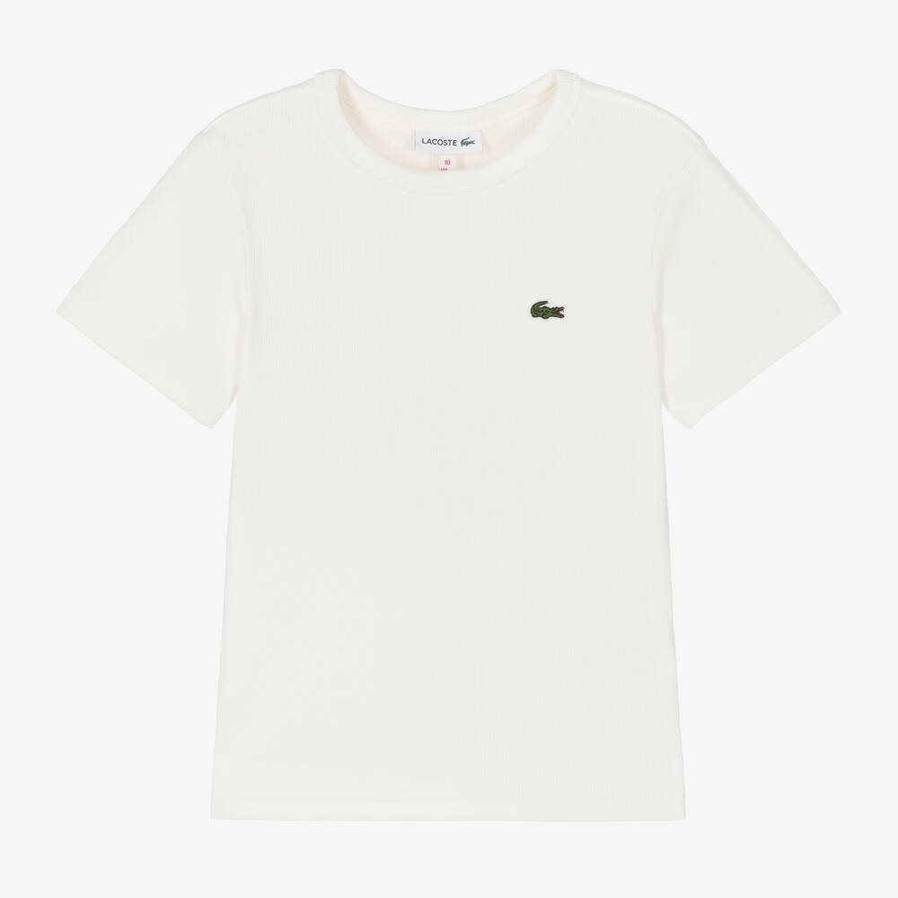 Lacoste - Girls White Ribbed Cotton T-Shirt | Childrensalon