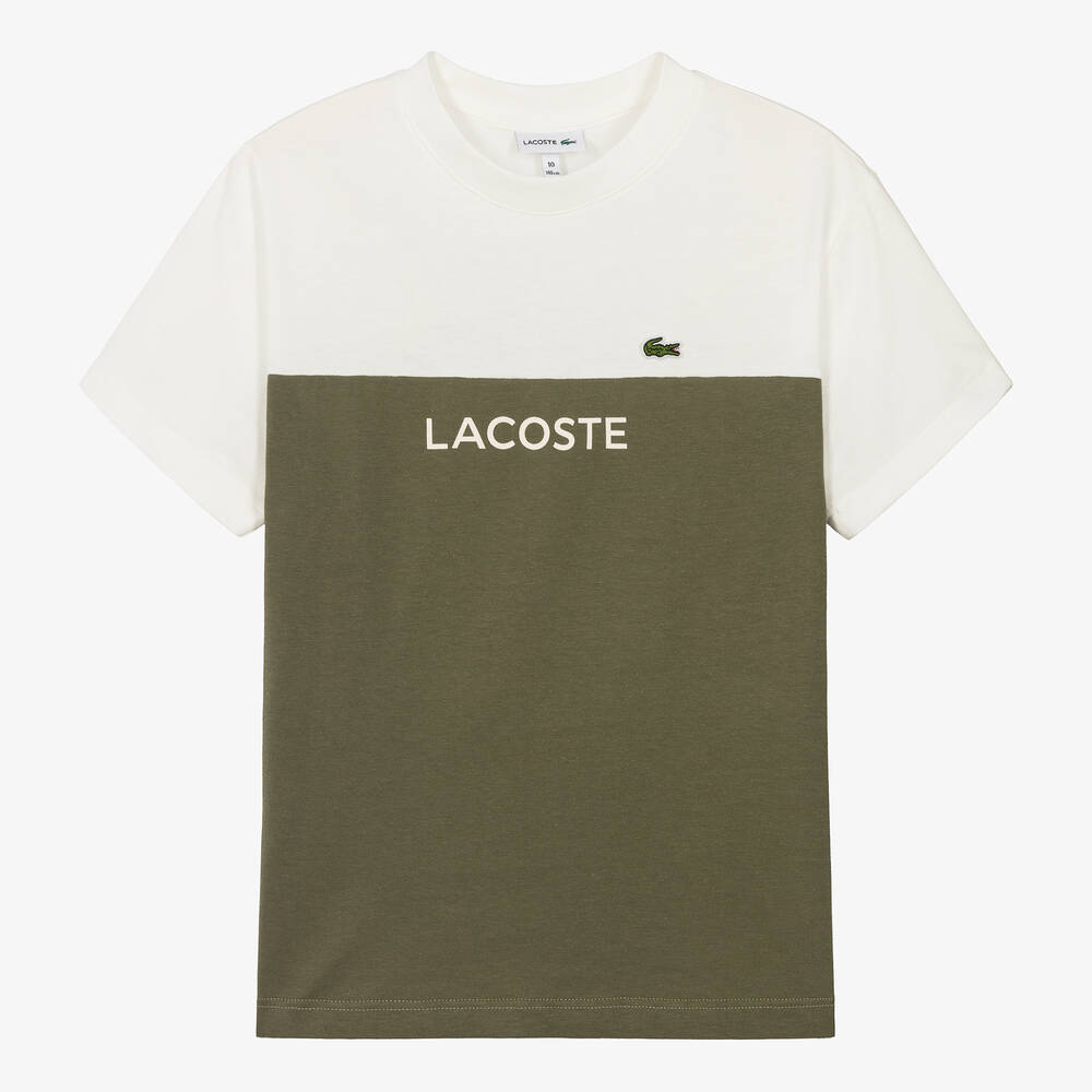 Lacoste - Teen Boys Ivory & Green Cotton T-Shirt | Childrensalon