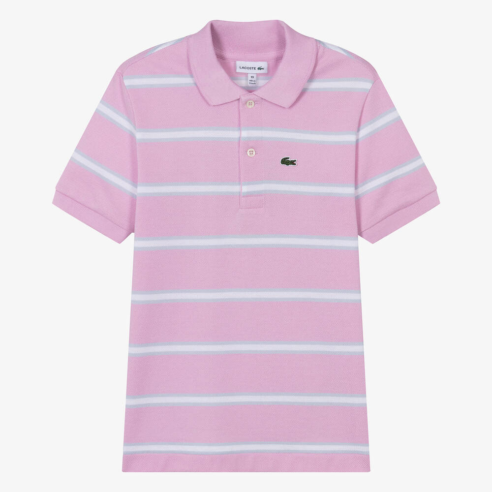 Lacoste - Teen Boys Pink Striped Cotton Polo Shirt | Childrensalon